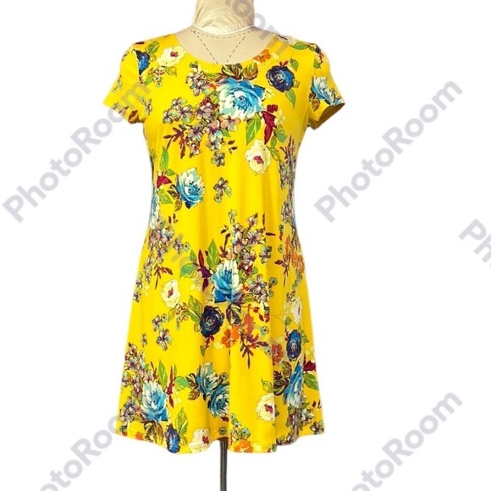 MSK PETITE | Floral T-Shirt Dress Short Sleeves Yellow/Blue Girly Feminine M/L